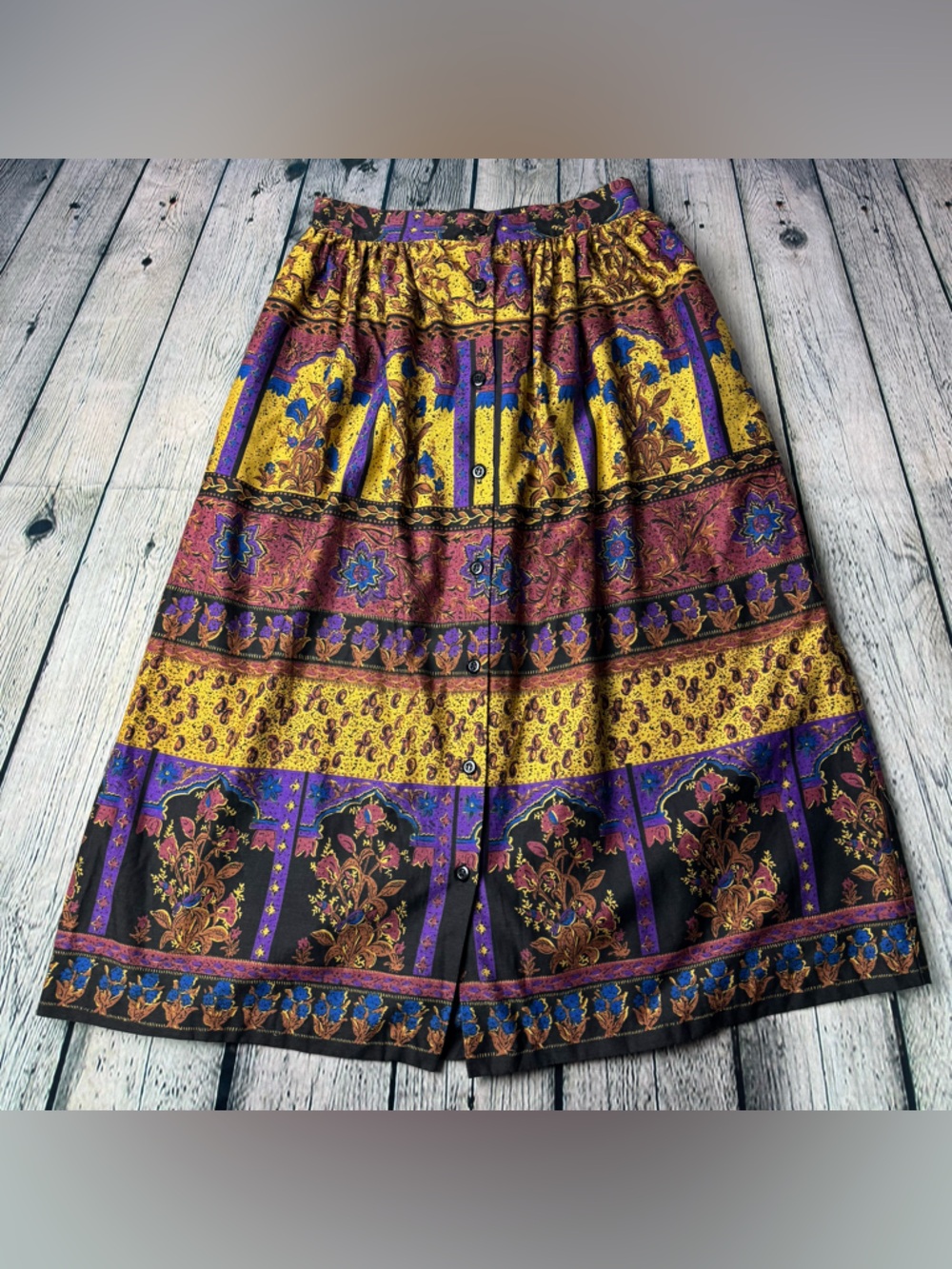 Vintage Rayon Club Bohemian Whimsigoth Floral Button Down Maxi Skirt Size Small